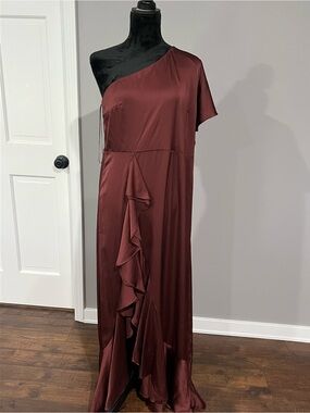 Express One-Shoulder Ruffled Satin Gown in Burgundy